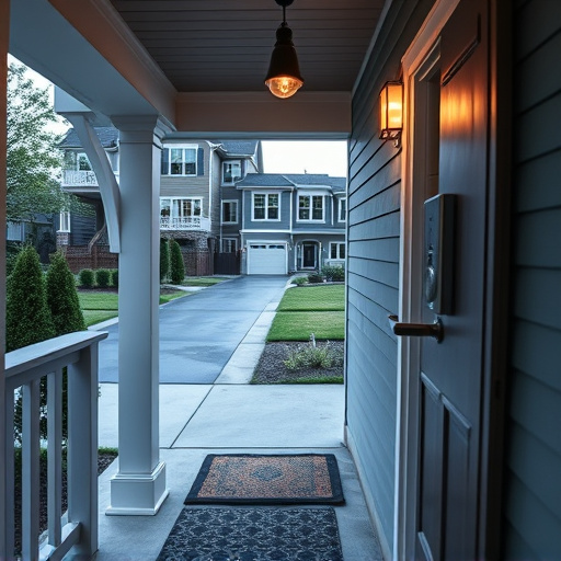 smart video doorbell on suburban porch,apartment entry secured with bolt lock,smart lock installed on modern front door,night vision security camera watching driveway,ai security camera scanning for movement,emergency alert system inside hallway