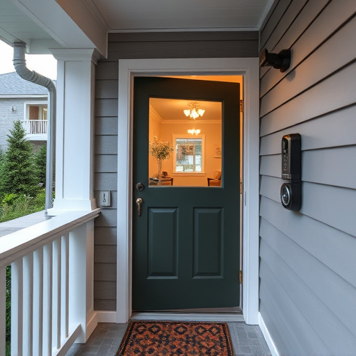 smart video doorbell on suburban porch,apartment entry secured with bolt lock,smart lock installed on modern front door,night vision security camera watching driveway,ai security camera scanning for movement,emergency alert system inside hallway