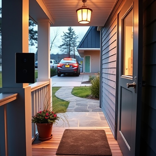 smart video doorbell on suburban porch,apartment entry secured with bolt lock,smart lock installed on modern front door,night vision security camera watching driveway,ai security camera scanning for movement,emergency alert system inside hallway