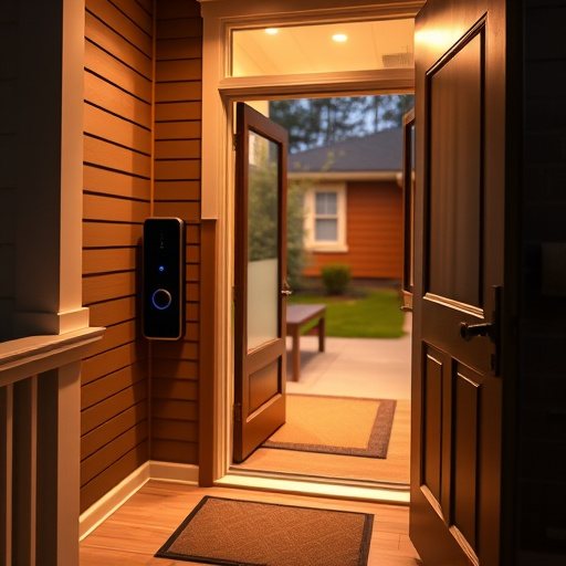 smart video doorbell on suburban porch,apartment entry secured with bolt lock,smart lock installed on modern front door,night vision security camera watching driveway,ai security camera scanning for movement,emergency alert system inside hallway