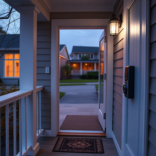 smart video doorbell on suburban porch,apartment entry secured with bolt lock,smart lock installed on modern front door,night vision security camera watching driveway,ai security camera scanning for movement,emergency alert system inside hallway