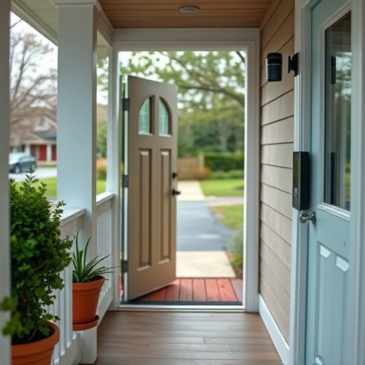 smart video doorbell on suburban porch,apartment entry secured with bolt lock,smart lock installed on modern front door,night vision security camera watching driveway,ai security camera scanning for movement,emergency alert system inside hallway