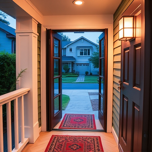smart video doorbell on suburban porch,apartment entry secured with bolt lock,smart lock installed on modern front door,night vision security camera watching driveway,ai security camera scanning for movement,emergency alert system inside hallway