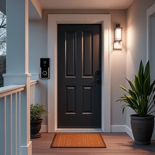 smart video doorbell on suburban porch,apartment entry secured with bolt lock,smart lock installed on modern front door,night vision security camera watching driveway,ai security camera scanning for movement,emergency alert system inside hallway