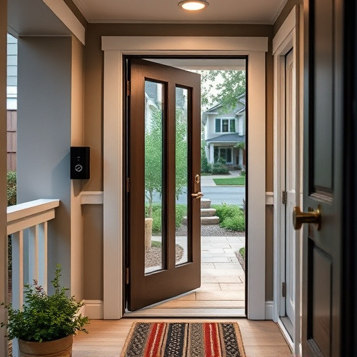 smart video doorbell on suburban porch,apartment entry secured with bolt lock,smart lock installed on modern front door,night vision security camera watching driveway,ai security camera scanning for movement,emergency alert system inside hallway
