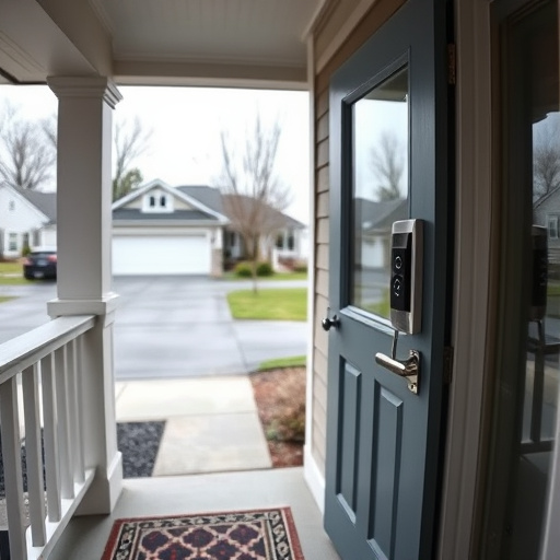 smart video doorbell on suburban porch,apartment entry secured with bolt lock,smart lock installed on modern front door,night vision security camera watching driveway,ai security camera scanning for movement,emergency alert system inside hallway