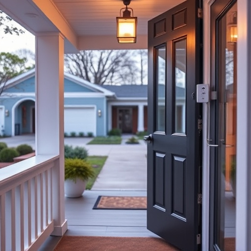 smart video doorbell on suburban porch,apartment entry secured with bolt lock,smart lock installed on modern front door,night vision security camera watching driveway,ai security camera scanning for movement,emergency alert system inside hallway