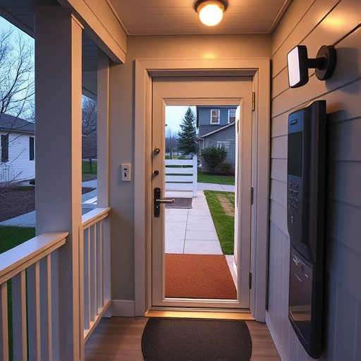 smart video doorbell on suburban porch,apartment entry secured with bolt lock,smart lock installed on modern front door,night vision security camera watching driveway,ai security camera scanning for movement,emergency alert system inside hallway