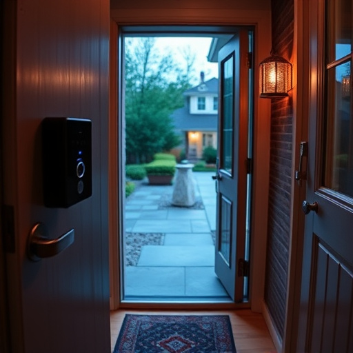smart video doorbell on suburban porch,apartment entry secured with bolt lock,smart lock installed on modern front door,night vision security camera watching driveway,ai security camera scanning for movement,emergency alert system inside hallway