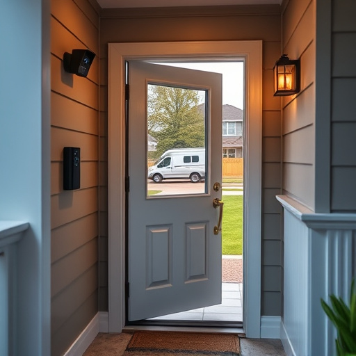 smart video doorbell on suburban porch,apartment entry secured with bolt lock,smart lock installed on modern front door,night vision security camera watching driveway,ai security camera scanning for movement,emergency alert system inside hallway