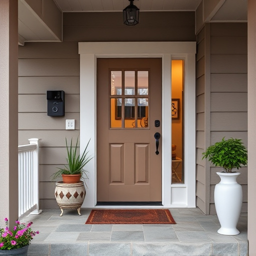 smart video doorbell on suburban porch,apartment entry secured with bolt lock,smart lock installed on modern front door,night vision security camera watching driveway,ai security camera scanning for movement,emergency alert system inside hallway