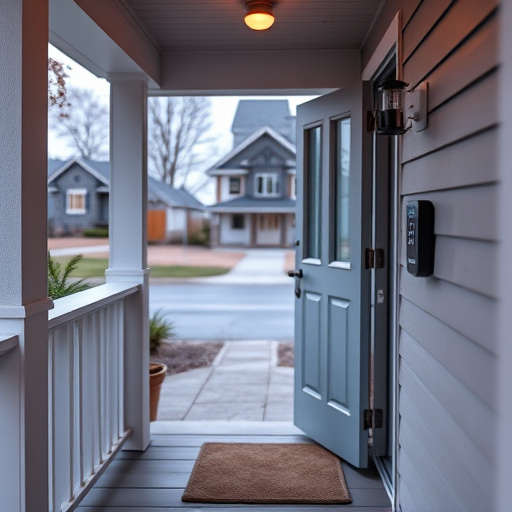 smart video doorbell on suburban porch,apartment entry secured with bolt lock,smart lock installed on modern front door,night vision security camera watching driveway,ai security camera scanning for movement,emergency alert system inside hallway