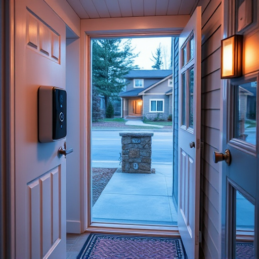 smart video doorbell on suburban porch,apartment entry secured with bolt lock,smart lock installed on modern front door,night vision security camera watching driveway,ai security camera scanning for movement,emergency alert system inside hallway