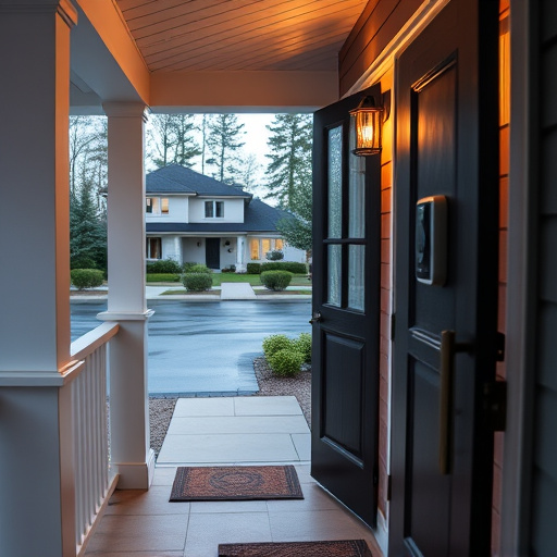 smart video doorbell on suburban porch,apartment entry secured with bolt lock,smart lock installed on modern front door,night vision security camera watching driveway,ai security camera scanning for movement,emergency alert system inside hallway