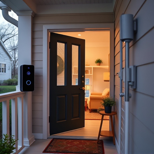 smart video doorbell on suburban porch,apartment entry secured with bolt lock,smart lock installed on modern front door,night vision security camera watching driveway,ai security camera scanning for movement,emergency alert system inside hallway