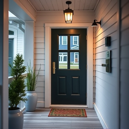 smart video doorbell on suburban porch,apartment entry secured with bolt lock,smart lock installed on modern front door,night vision security camera watching driveway,ai security camera scanning for movement,emergency alert system inside hallway