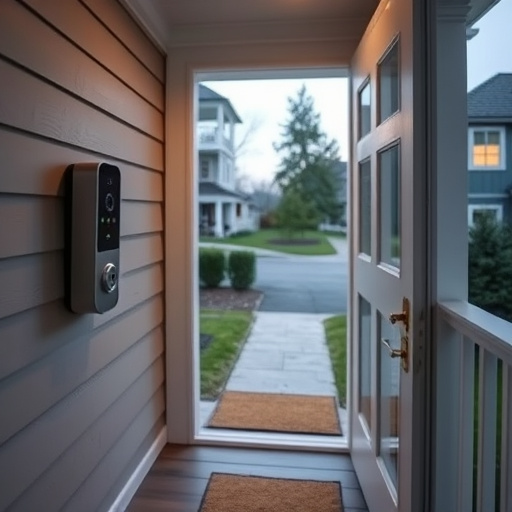 smart video doorbell on suburban porch,apartment entry secured with bolt lock,smart lock installed on modern front door,night vision security camera watching driveway,ai security camera scanning for movement,emergency alert system inside hallway