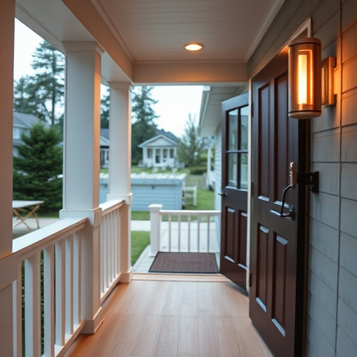 smart video doorbell on suburban porch,apartment entry secured with bolt lock,smart lock installed on modern front door,night vision security camera watching driveway,ai security camera scanning for movement,emergency alert system inside hallway