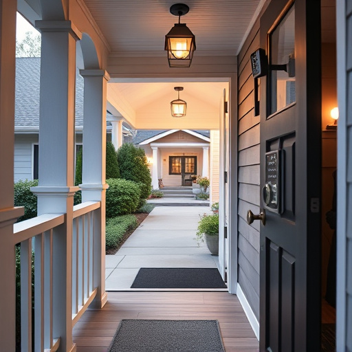 smart video doorbell on suburban porch,apartment entry secured with bolt lock,smart lock installed on modern front door,night vision security camera watching driveway,ai security camera scanning for movement,emergency alert system inside hallway