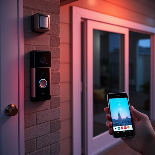 smart video doorbell on suburban porch,security keypad on modern apartment wall,flashing red home security alert light at night,glass break sensor on sliding door,sensor alert notification on homeowner’s phone