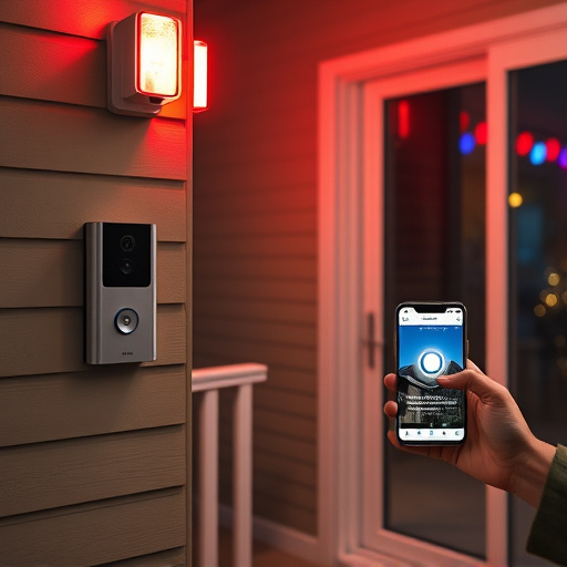 smart video doorbell on suburban porch,security keypad on modern apartment wall,flashing red home security alert light at night,glass break sensor on sliding door,sensor alert notification on homeowner’s phone