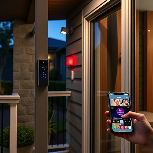 smart video doorbell on suburban porch,security keypad on modern apartment wall,flashing red home security alert light at night,glass break sensor on sliding door,sensor alert notification on homeowner’s phone