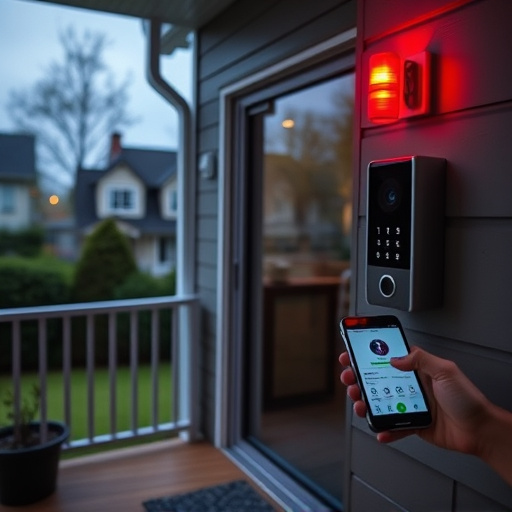smart video doorbell on suburban porch,security keypad on modern apartment wall,flashing red home security alert light at night,glass break sensor on sliding door,sensor alert notification on homeowner’s phone