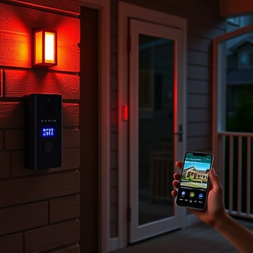 smart video doorbell on suburban porch,security keypad on modern apartment wall,flashing red home security alert light at night,glass break sensor on sliding door,sensor alert notification on homeowner’s phone