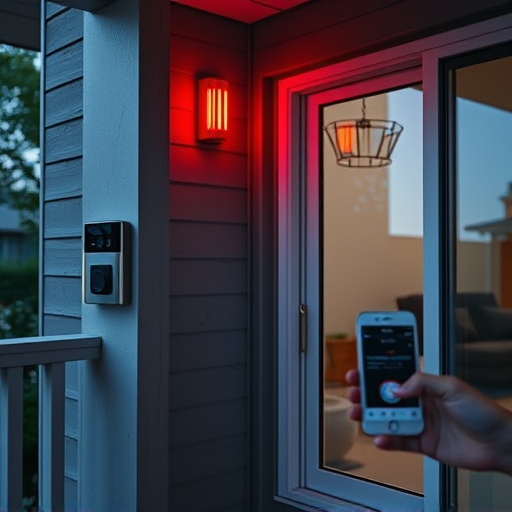 smart video doorbell on suburban porch,security keypad on modern apartment wall,flashing red home security alert light at night,glass break sensor on sliding door,sensor alert notification on homeowner’s phone