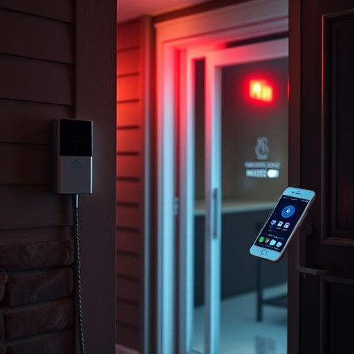 smart video doorbell on suburban porch,security keypad on modern apartment wall,flashing red home security alert light at night,glass break sensor on sliding door,sensor alert notification on homeowner’s phone