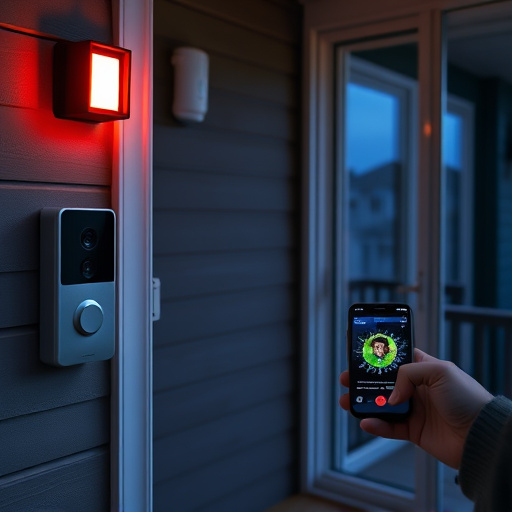 smart video doorbell on suburban porch,security keypad on modern apartment wall,flashing red home security alert light at night,glass break sensor on sliding door,sensor alert notification on homeowner’s phone