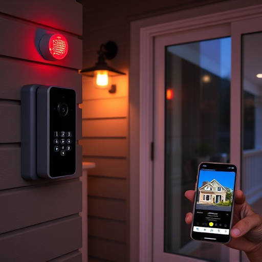 smart video doorbell on suburban porch,security keypad on modern apartment wall,flashing red home security alert light at night,glass break sensor on sliding door,sensor alert notification on homeowner’s phone