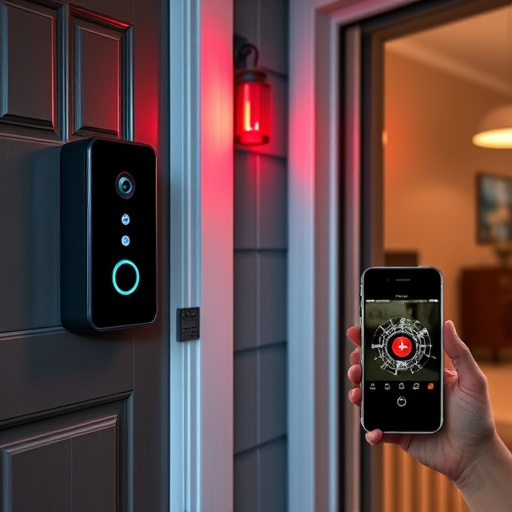 smart video doorbell on suburban porch,security keypad on modern apartment wall,flashing red home security alert light at night,glass break sensor on sliding door,sensor alert notification on homeowner’s phone