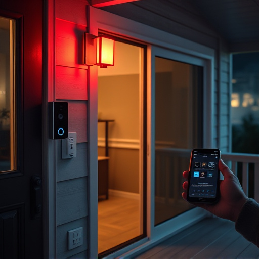 smart video doorbell on suburban porch,security keypad on modern apartment wall,flashing red home security alert light at night,glass break sensor on sliding door,sensor alert notification on homeowner’s phone