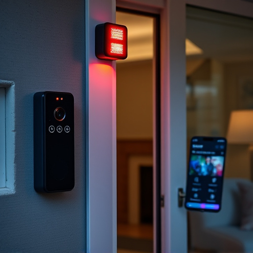 smart video doorbell on suburban porch,security keypad on modern apartment wall,flashing red home security alert light at night,glass break sensor on sliding door,sensor alert notification on homeowner’s phone