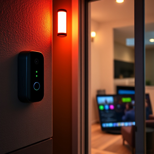 smart video doorbell on suburban porch,security keypad on modern apartment wall,flashing red home security alert light at night,glass break sensor on sliding door,sensor alert notification on homeowner’s phone