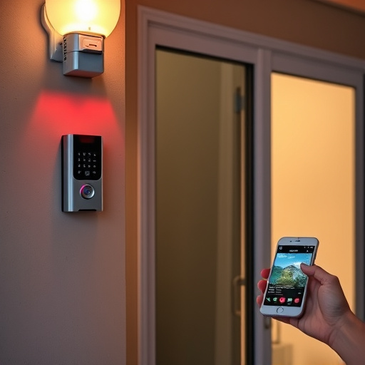 smart video doorbell on suburban porch,security keypad on modern apartment wall,flashing red home security alert light at night,glass break sensor on sliding door,sensor alert notification on homeowner’s phone