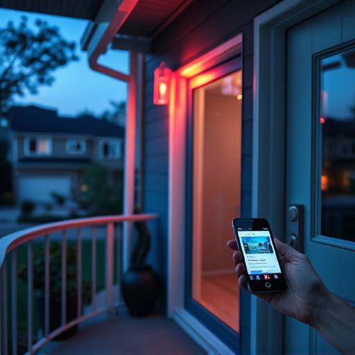 smart video doorbell on suburban porch,security keypad on modern apartment wall,flashing red home security alert light at night,glass break sensor on sliding door,sensor alert notification on homeowner’s phone