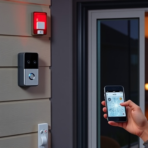smart video doorbell on suburban porch,security keypad on modern apartment wall,flashing red home security alert light at night,glass break sensor on sliding door,sensor alert notification on homeowner’s phone