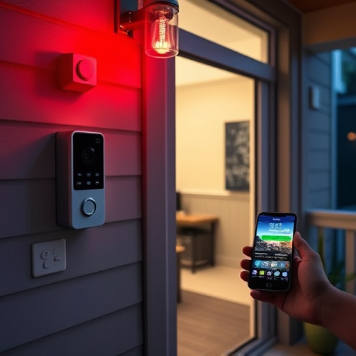 smart video doorbell on suburban porch,security keypad on modern apartment wall,flashing red home security alert light at night,glass break sensor on sliding door,sensor alert notification on homeowner’s phone