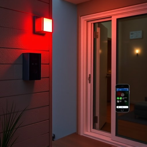 smart video doorbell on suburban porch,security keypad on modern apartment wall,flashing red home security alert light at night,glass break sensor on sliding door,sensor alert notification on homeowner’s phone