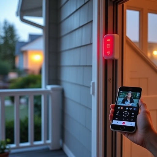 smart video doorbell on suburban porch,security keypad on modern apartment wall,flashing red home security alert light at night,glass break sensor on sliding door,sensor alert notification on homeowner’s phone
