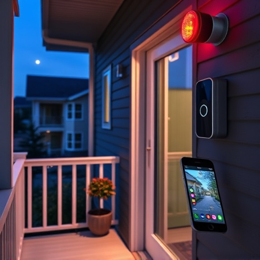 smart video doorbell on suburban porch,security keypad on modern apartment wall,flashing red home security alert light at night,glass break sensor on sliding door,sensor alert notification on homeowner’s phone