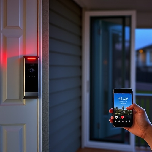 smart video doorbell on suburban porch,security keypad on modern apartment wall,flashing red home security alert light at night,glass break sensor on sliding door,sensor alert notification on homeowner’s phone