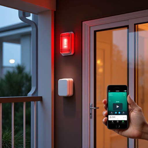 smart video doorbell on suburban porch,security keypad on modern apartment wall,flashing red home security alert light at night,glass break sensor on sliding door,sensor alert notification on homeowner’s phone