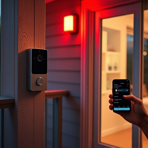 smart video doorbell on suburban porch,security keypad on modern apartment wall,flashing red home security alert light at night,glass break sensor on sliding door,sensor alert notification on homeowner’s phone