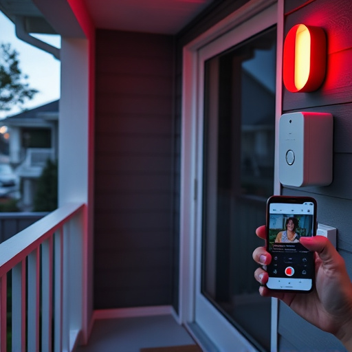 smart video doorbell on suburban porch,security keypad on modern apartment wall,flashing red home security alert light at night,glass break sensor on sliding door,sensor alert notification on homeowner’s phone