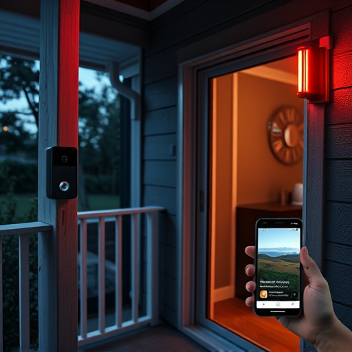 smart video doorbell on suburban porch,security keypad on modern apartment wall,flashing red home security alert light at night,glass break sensor on sliding door,sensor alert notification on homeowner’s phone