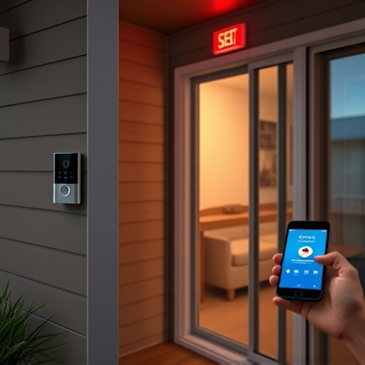 smart video doorbell on suburban porch,security keypad on modern apartment wall,flashing red home security alert light at night,glass break sensor on sliding door,sensor alert notification on homeowner’s phone