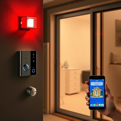 smart video doorbell on suburban porch,security keypad on modern apartment wall,flashing red home security alert light at night,glass break sensor on sliding door,sensor alert notification on homeowner’s phone